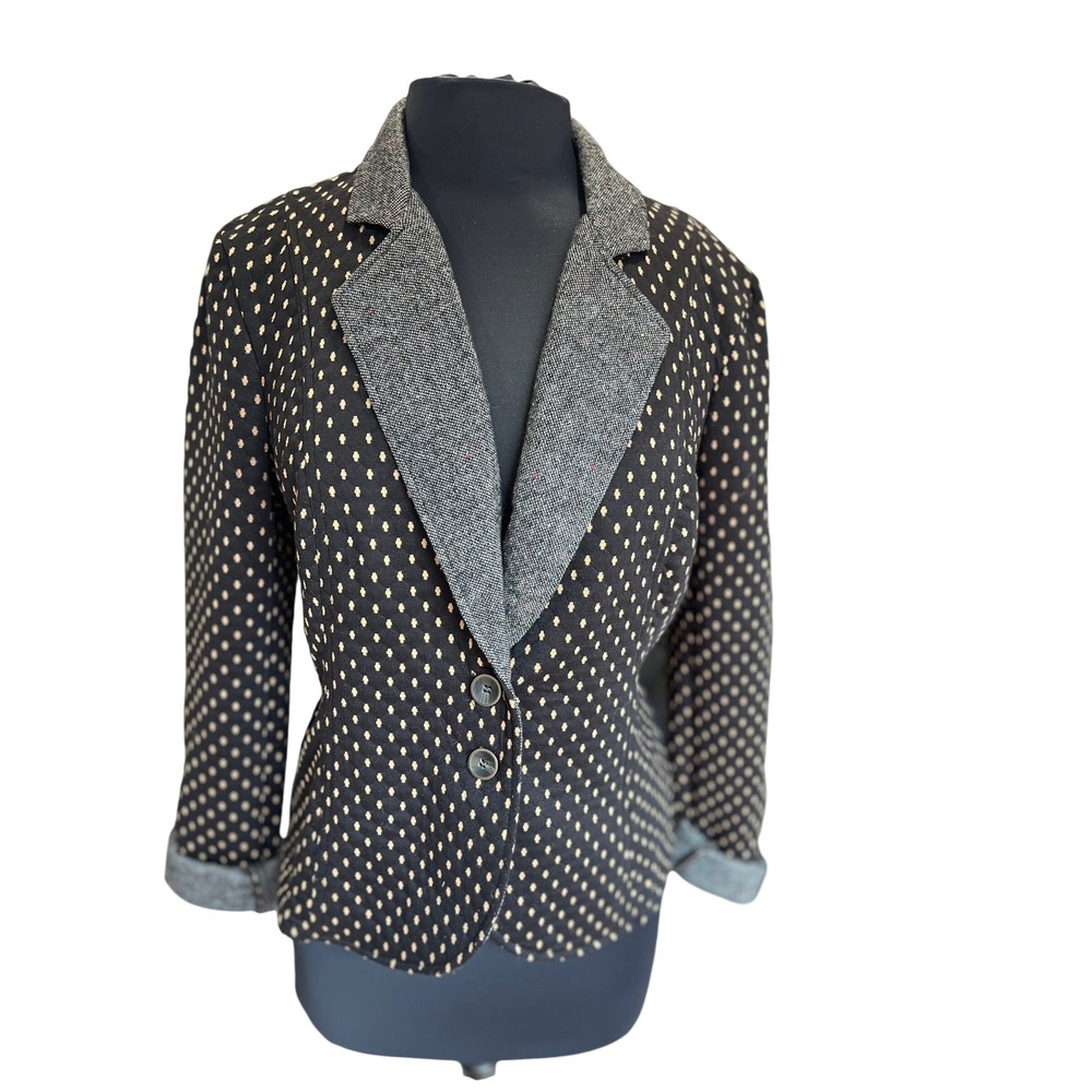 Free People Quilted Blazer Jacket Black Tan Diamond Pattern Grey Lapel Size L